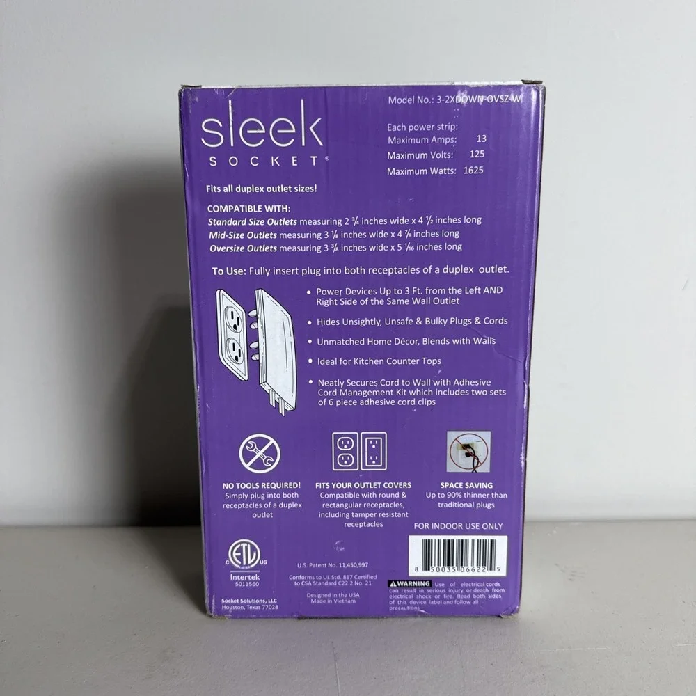Sleek Socket Original & Patented Ultra-Thin Outlet 3 ft - Dual Cords, White